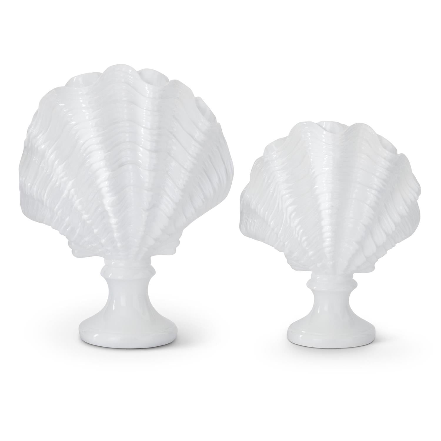 White Scallop Clam Shell Statue on Pedestal