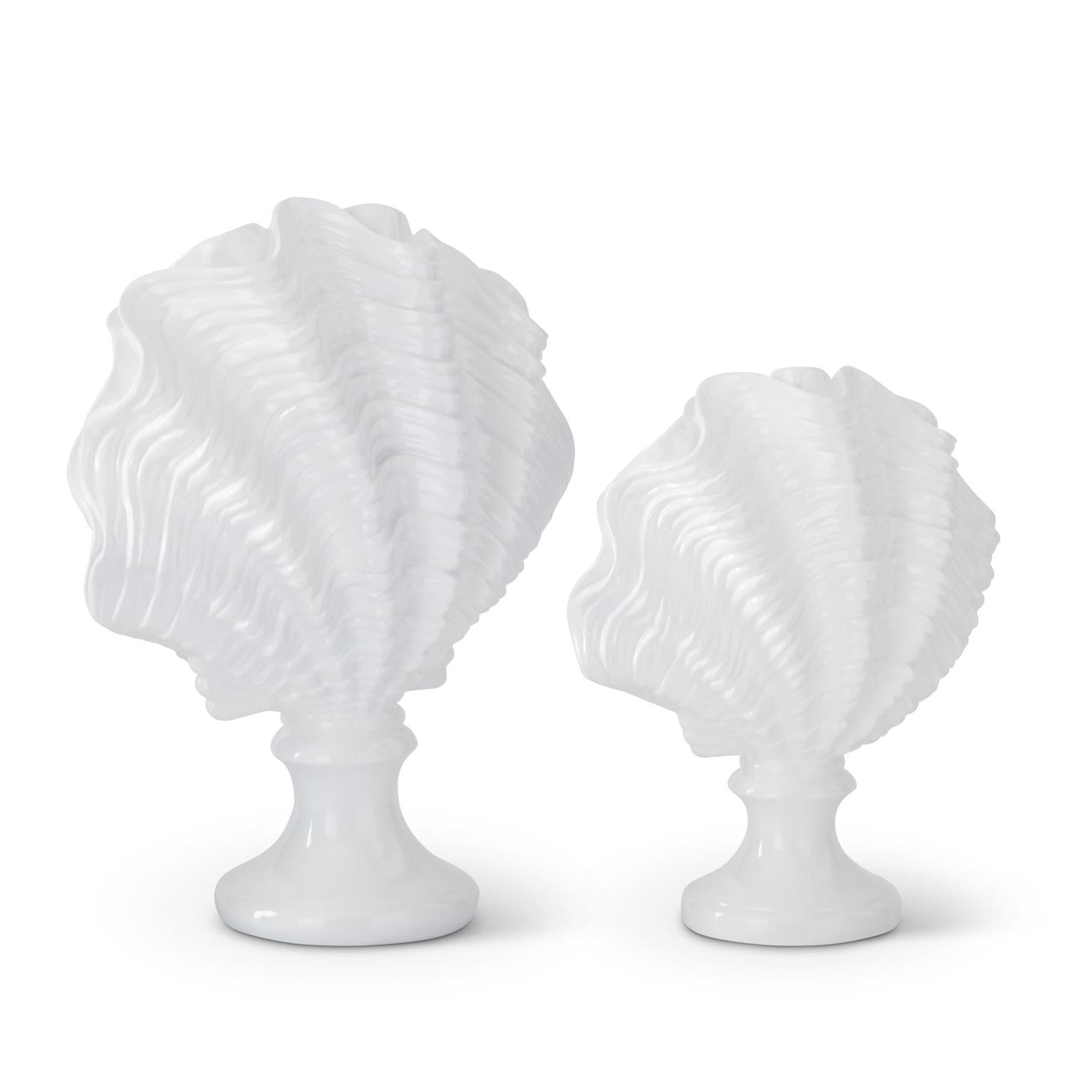 White Scallop Clam Shell Statue on Pedestal