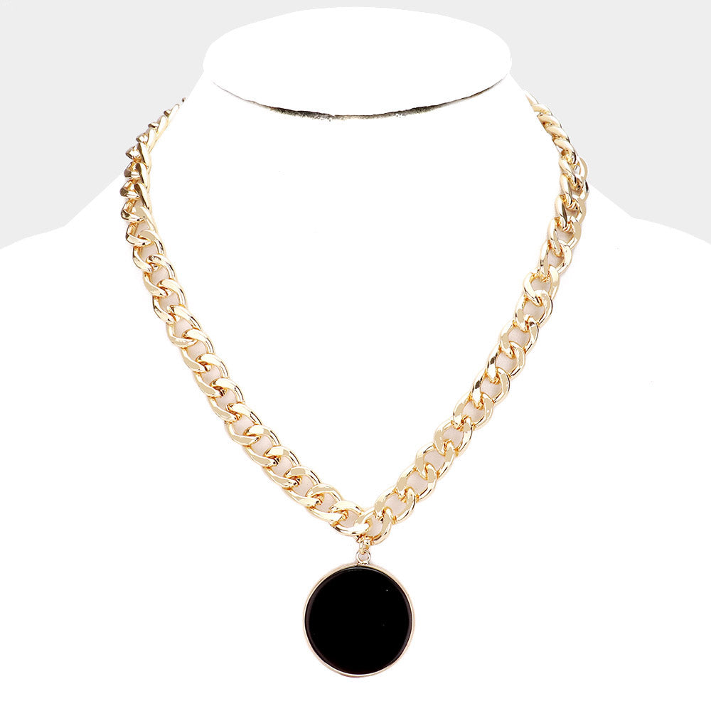 Semi Precious Pendant Metal Chain Link Necklace (Black & Gold)