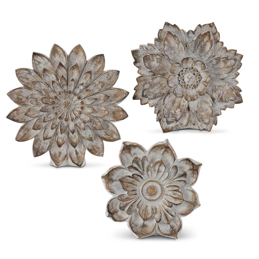 Whitewashed Carved Tabletop Flowers (set of 3)