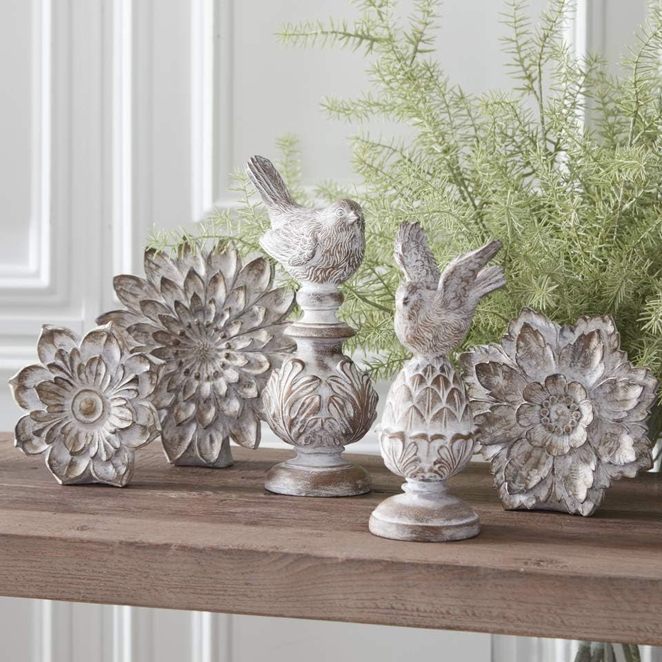 Whitewashed Carved Tabletop Flowers (set of 3)