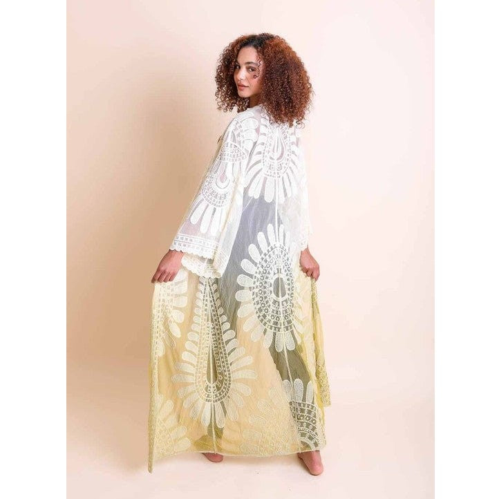 Mesh Embroidered Lace Beach Bathing Suit Cover- Up Long Kimono (Yellow, White)