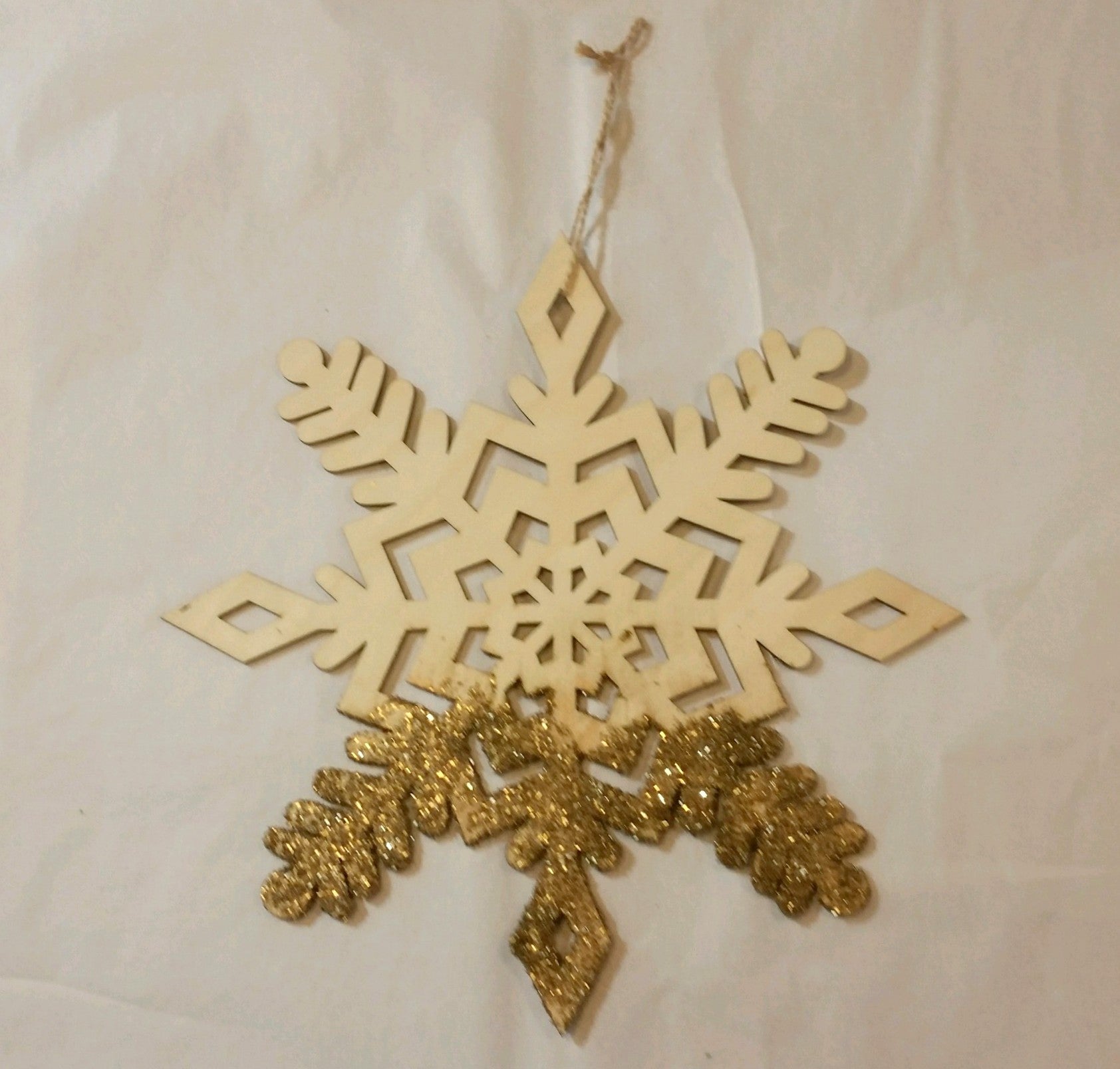Large Wooden Snowflake Hanging Christmas Tree Ornament with Gold Glitter III