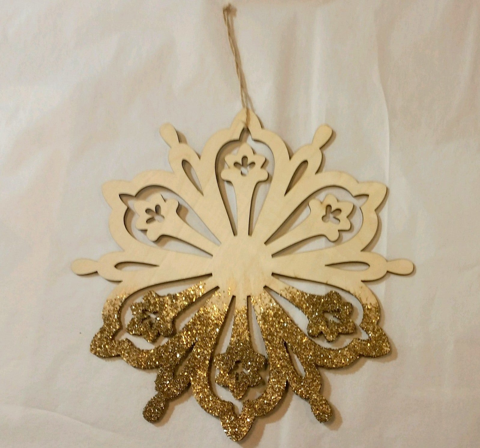 Large Wooden Snowflake Hanging Christmas Tree Ornament with Gold Glitter II