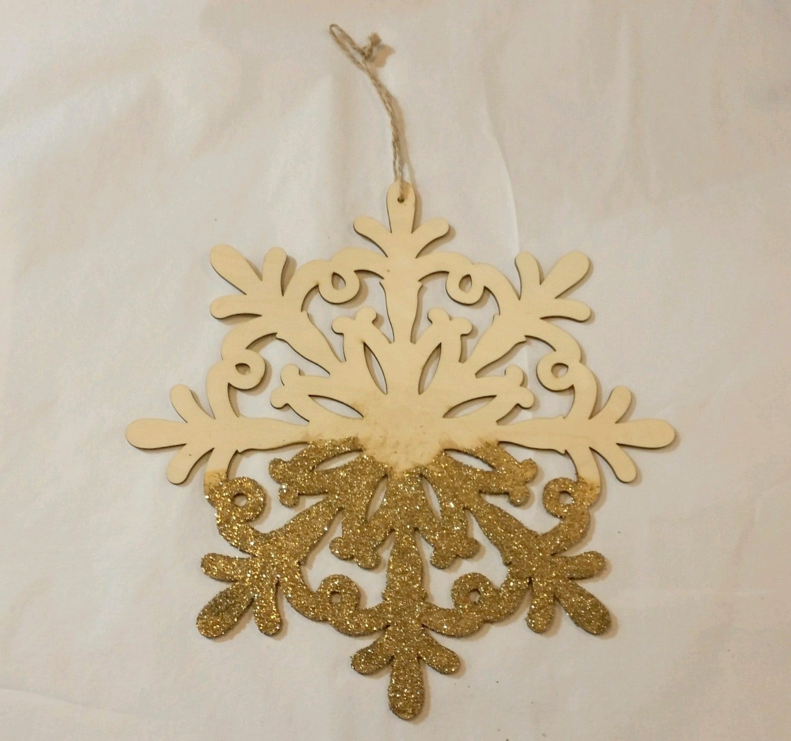 Large Wooden Snowflake Hanging Christmas Tree Ornament with Gold Glitter I
