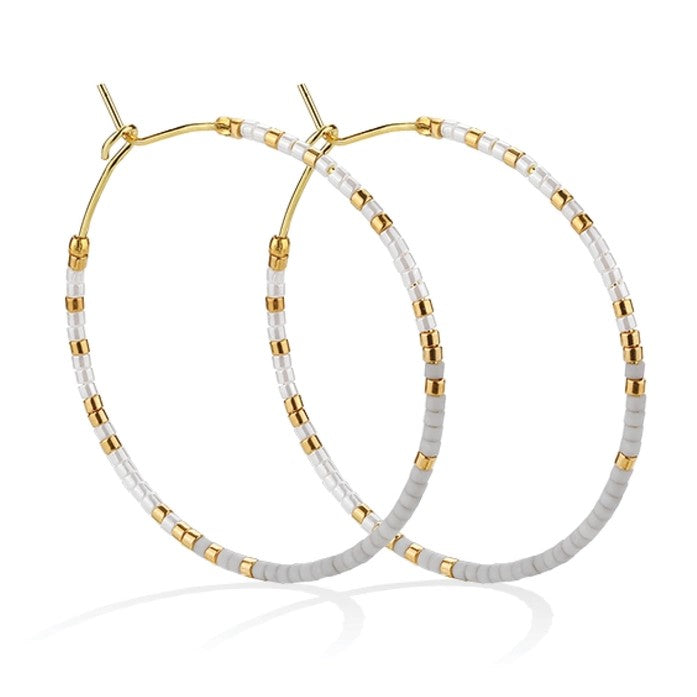 Miyuki Delica Beaded Hoop Earrings (White, Grey)
