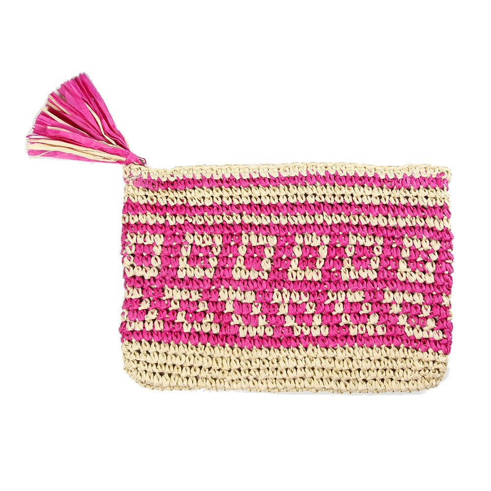 Square Pattern Paper Straw Tassel Pouch/Cosmetic/Clutch Bag Purse (Pink)