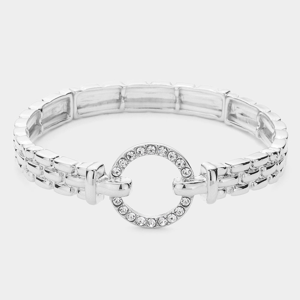 Stone Paved Open Circle Stretch Bracelet (Silver)