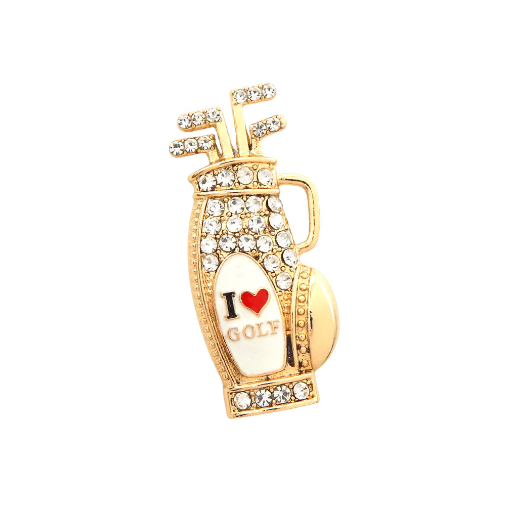 Rhinestone Pave I LOVE Golf Bag Pin Brooch (gold)