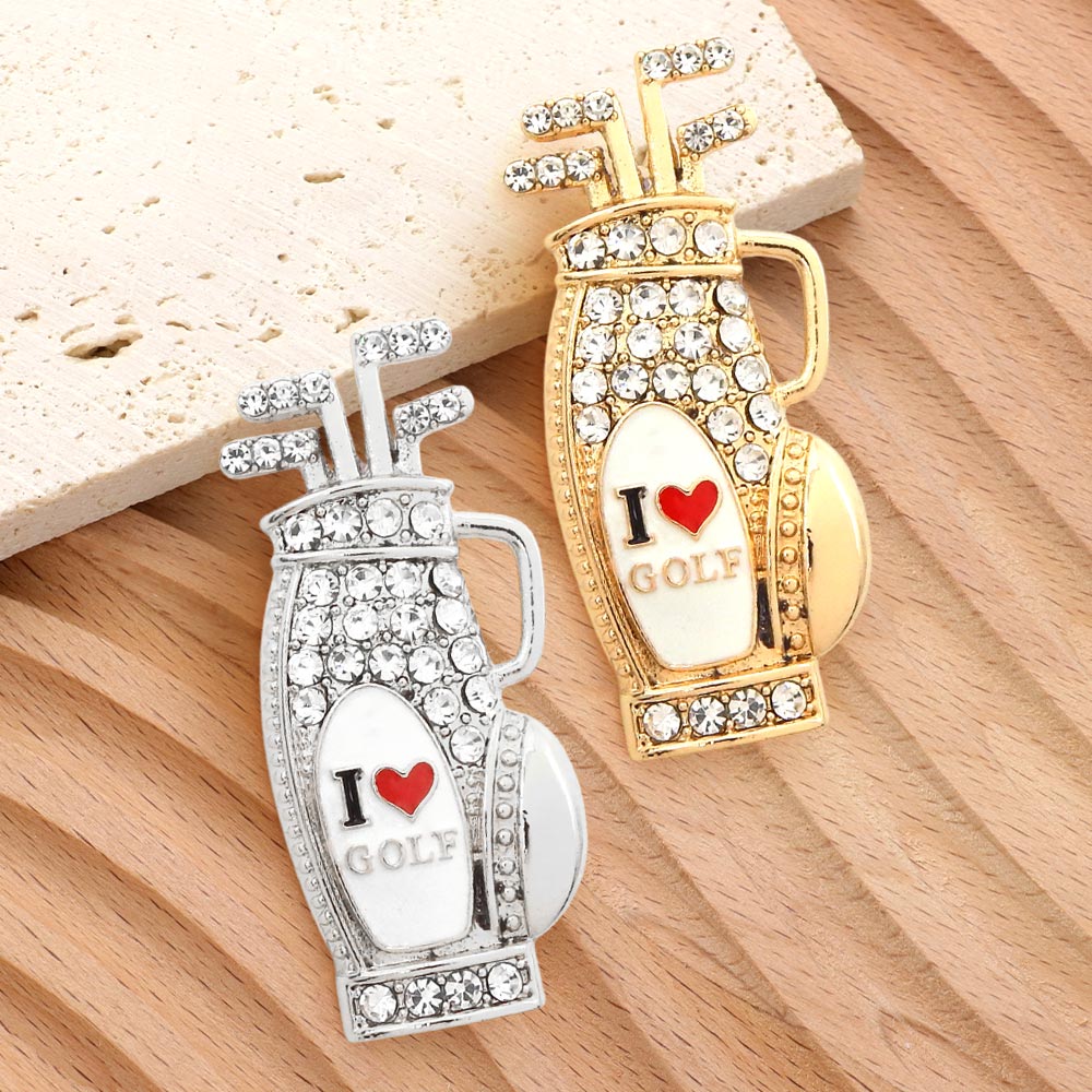 Rhinestone Pave I LOVE Golf Bag Pin Brooch (gold)