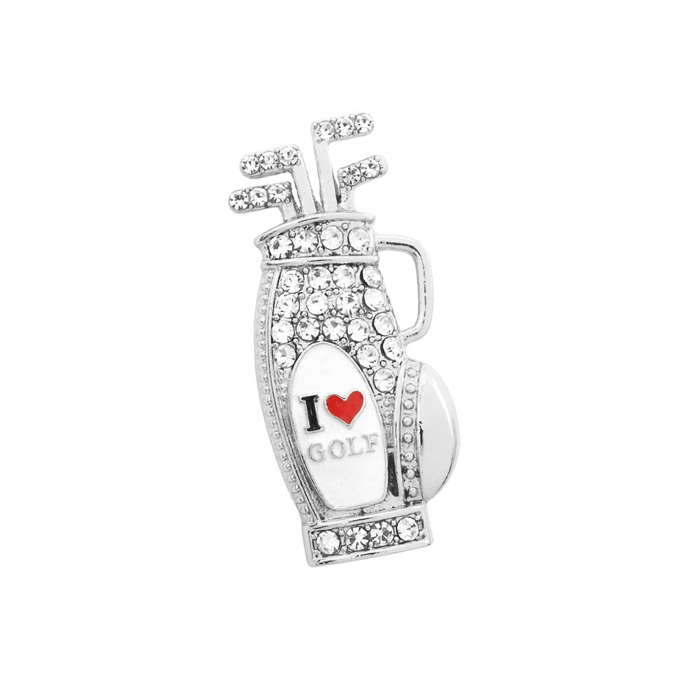 Rhinestone Pave I LOVE Golf Bag Pin Brooch (silver)