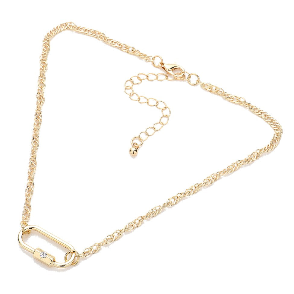 Rhinestone Accented Carabiner Pendant Choker Necklace (Gold)