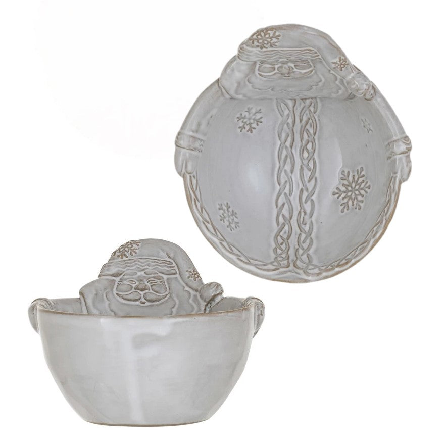 Stoneware Santa Shaped Bowl with Snowflakes