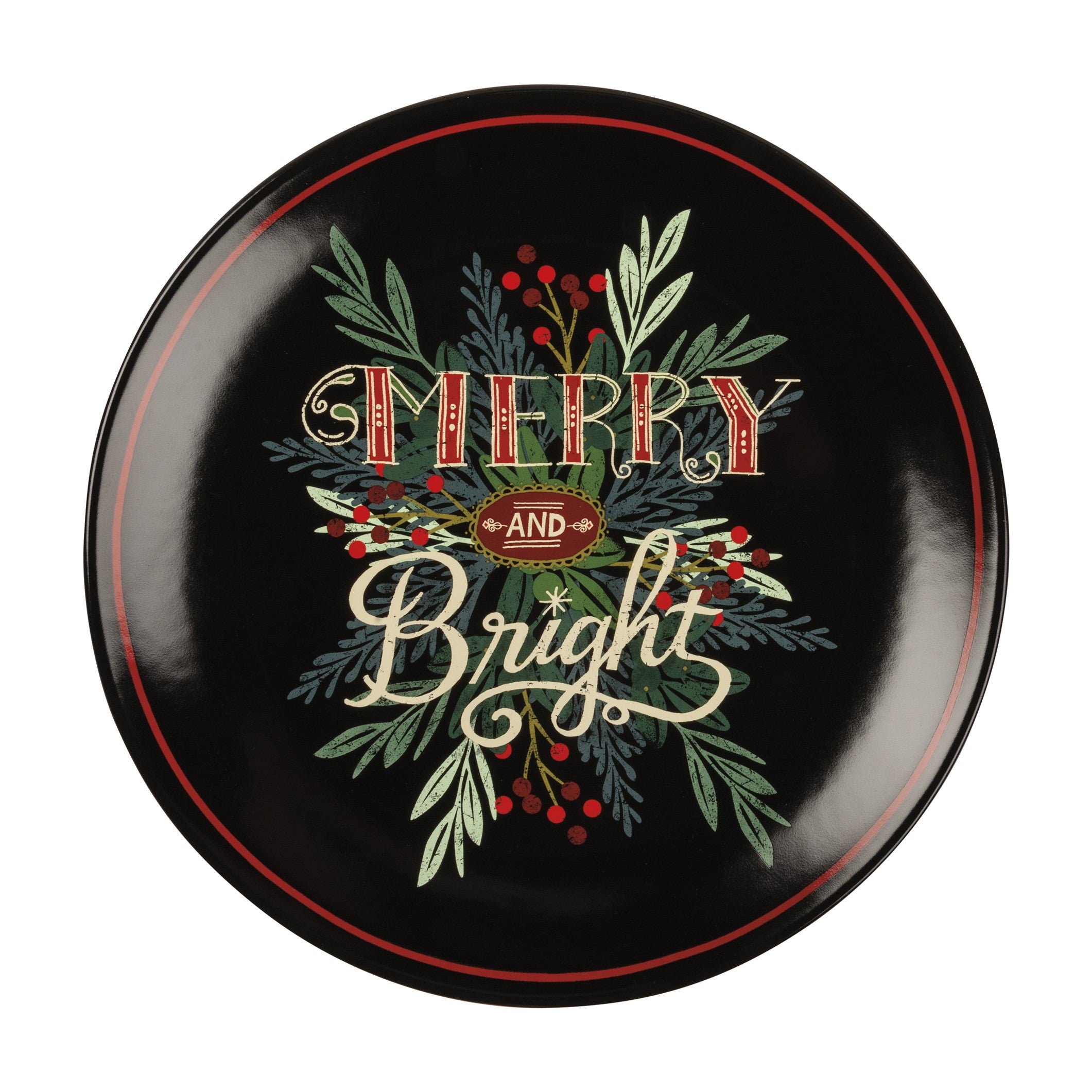Botanical Black Merry and Bright Platter with Greenery & Berries