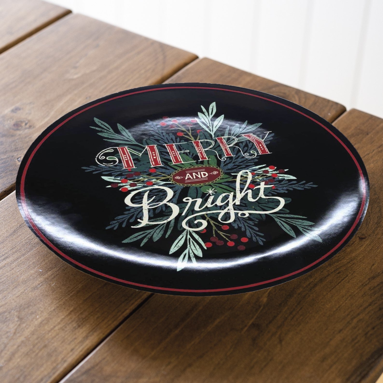 Botanical Black Merry and Bright Platter with Greenery & Berries