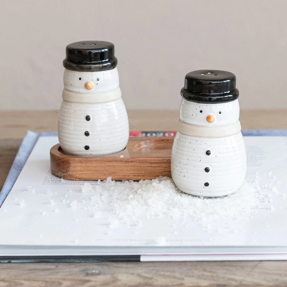 Snowman Salt & Pepper Set Wooden Tray