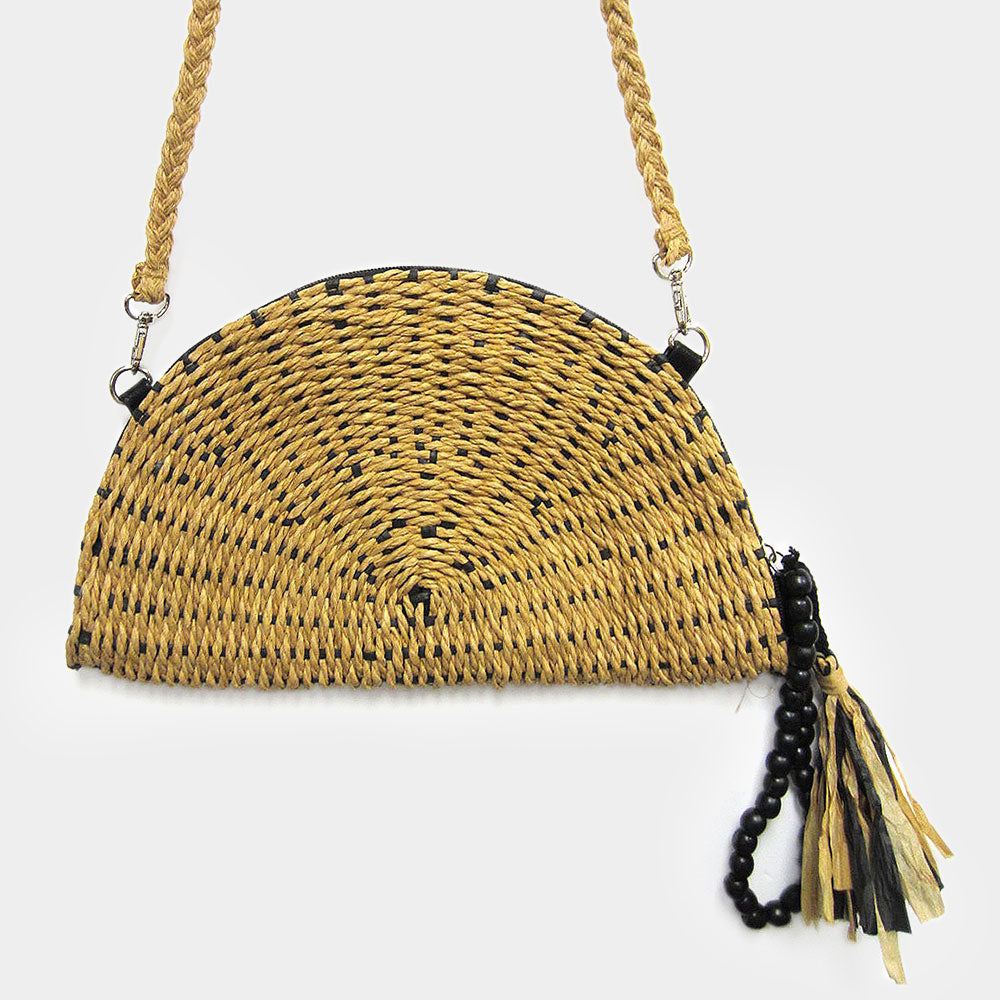 Straw Half Moon Clutch Shoulder Bag Purse