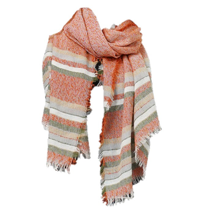Stripe Slub Woven Oblong Scarf Wrap with Fringe (Orange)