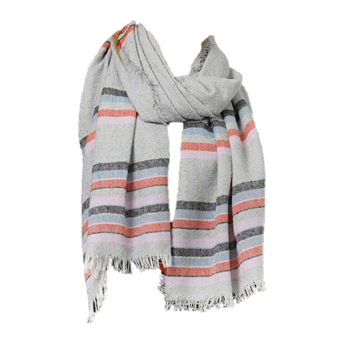Stripe Slub Woven Oblong Scarf Wrap with Fringe (Grey, Orange, Blue, Lilac, Black)