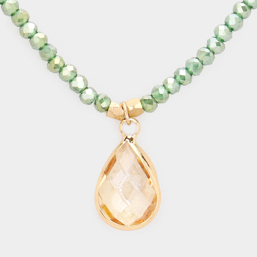 Teardrop Glass Crystal Pendant Faceted Beaded Necklace (Lt Col Topaz, Mint)