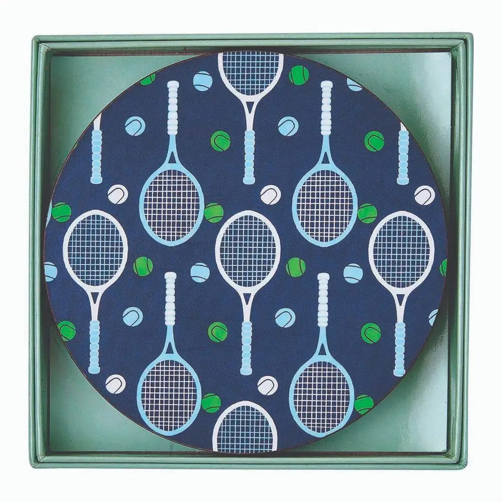 Tennis Racquets & Balls Round Coasters, Set of 4