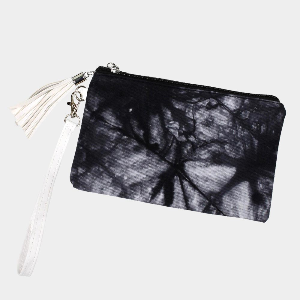 Tie Dye Wristlet Clutch, Zippered Pouch (Black, White)