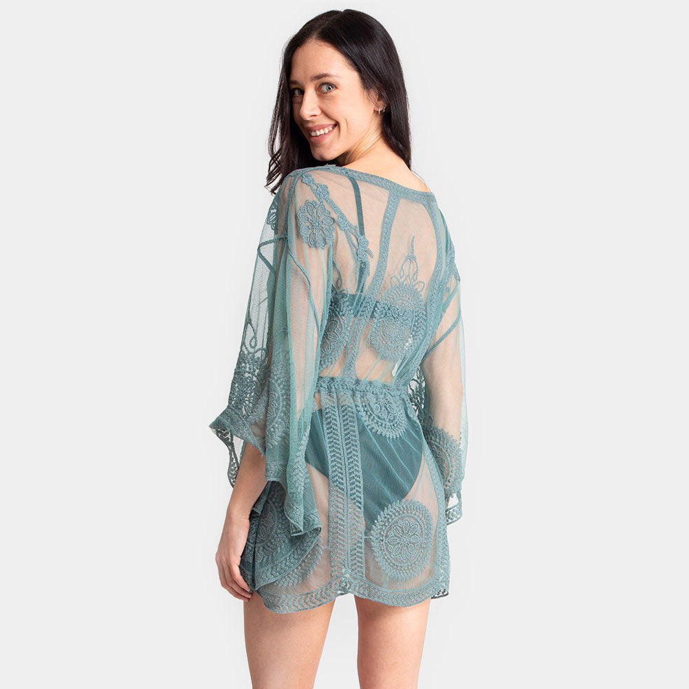 Tie Knot Closure Lace Cover-Up Kimono Poncho Shirt Blouse, Mini Dress (Mint Green)