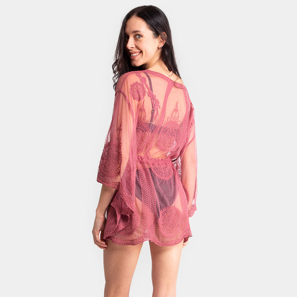 Tie Knot Closure Lace Shirt, Blouse, Beach Cover Up Top (Rose Pink)