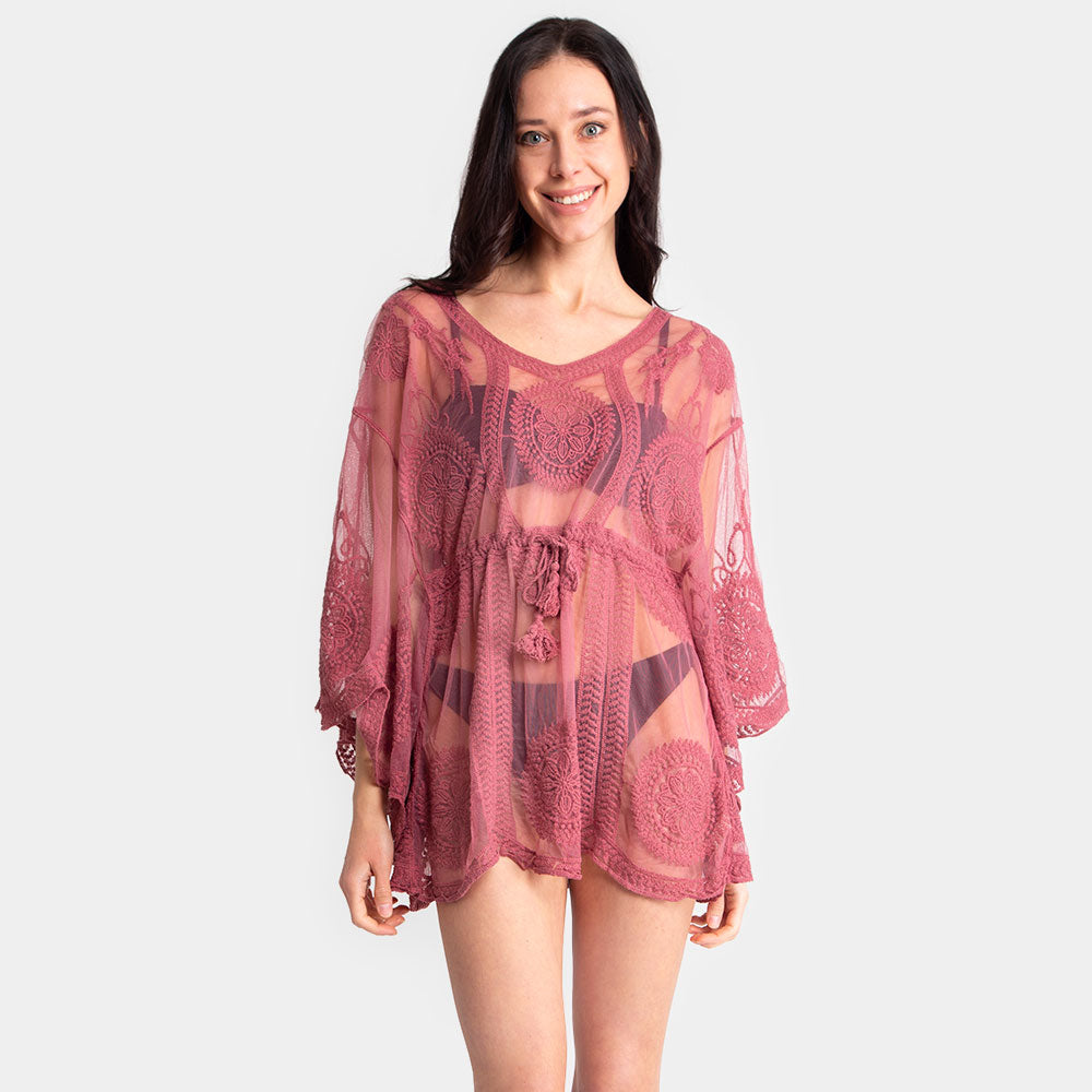 Tie Knot Closure Lace Shirt, Blouse, Beach Cover Up Top (Rose Pink)