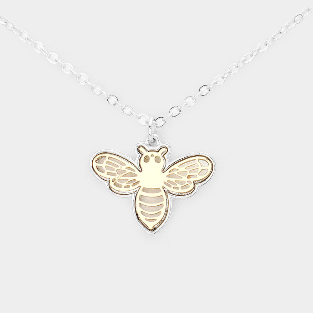 Two Tone Metal Honey Bee Pendant Necklace (S&G)