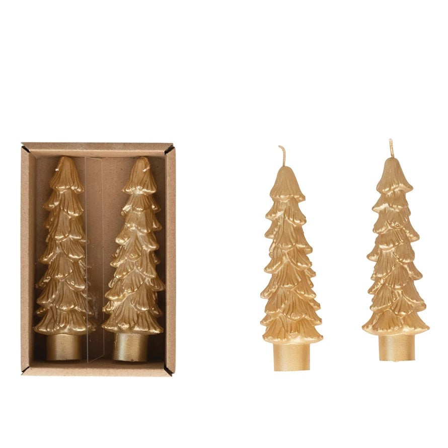 Pine Tree Shaped Short Taper Candles, Set of 2 (Gold)