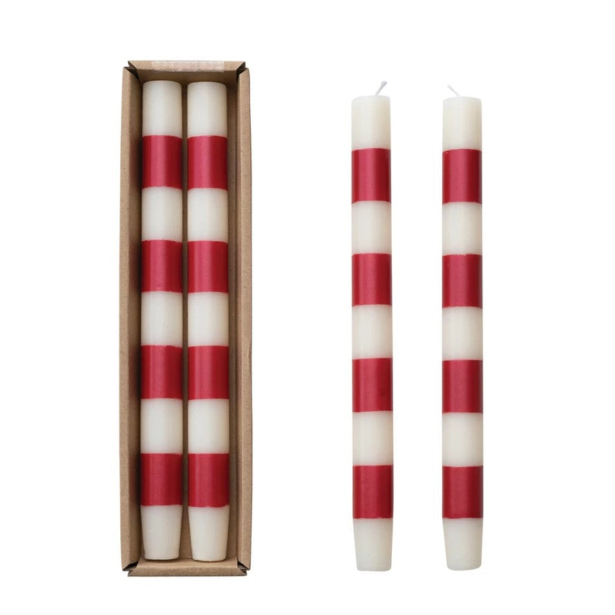Striped Taper Candles in Box (Red and Cream, Set of 2)