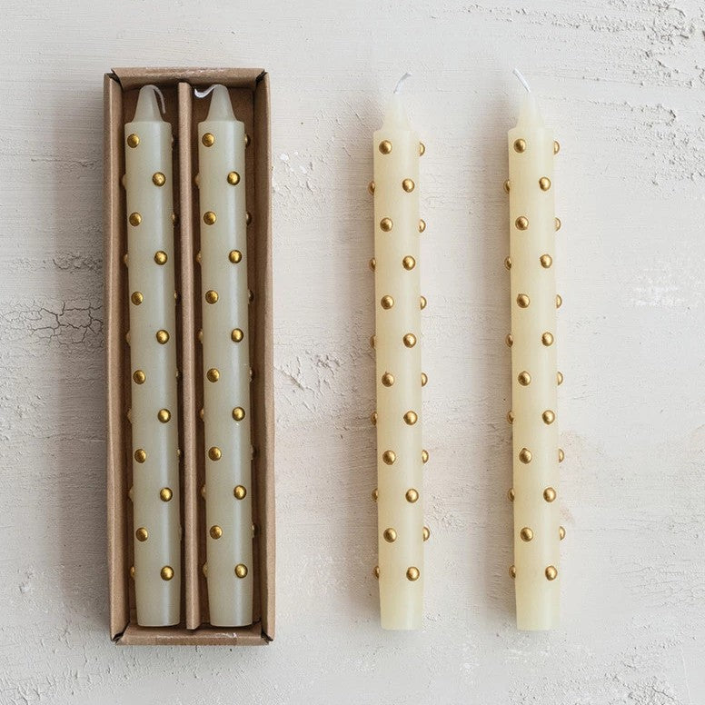 Hobnail 3D Gold Dots Taper Candles in Box, Set of 2 (Cream)