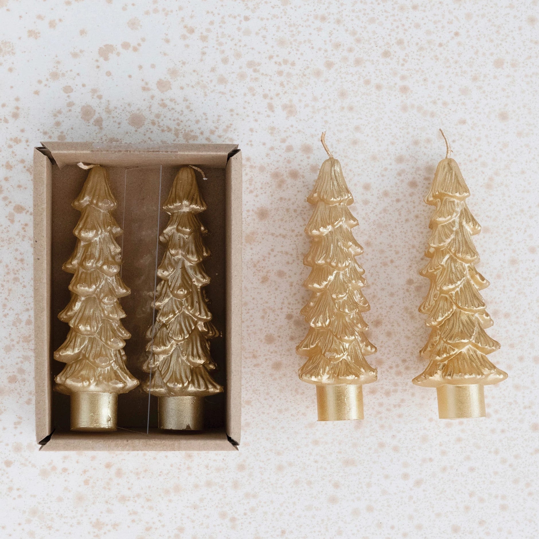Pine Tree Shaped Short Taper Candles, Set of 2 (Gold)