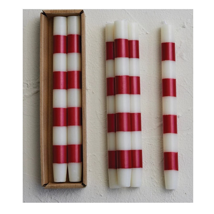 Striped Taper Candles in Box (Red and Cream, Set of 2)