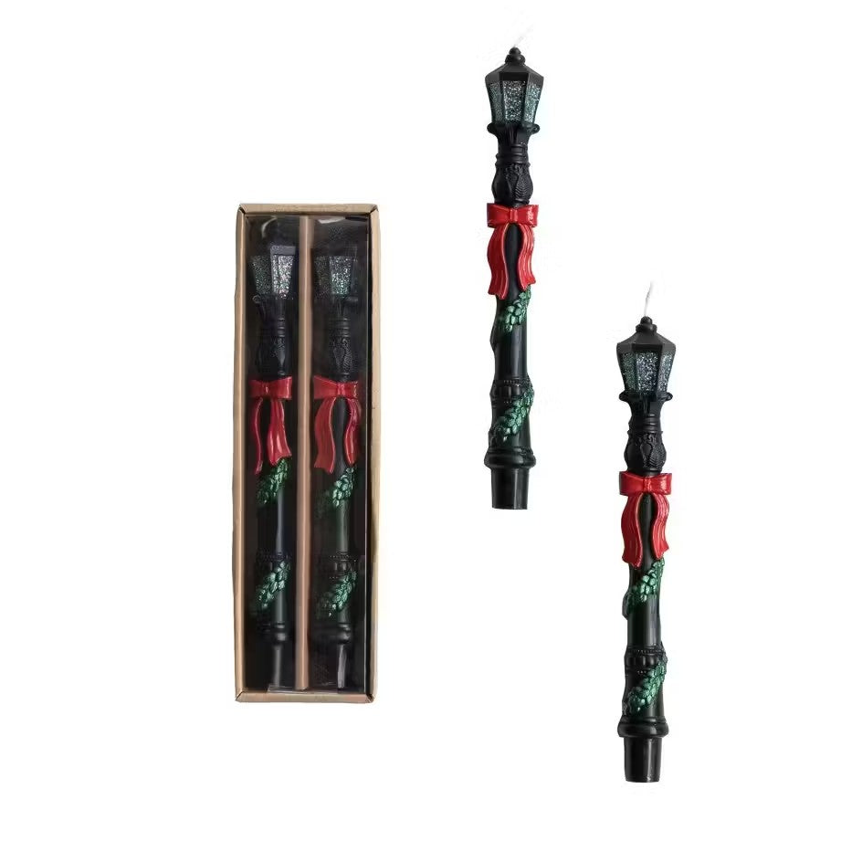 Lamp Post Shaped Taper Candles with Bow, Garland & Glitter, Set of 2