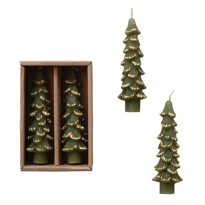 Tree Shaped Taper Candles, Set of 2 (Evergreen with Gold Tips)