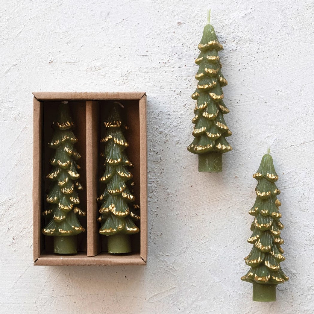 Tree Shaped Taper Candles, Set of 2 (Evergreen with Gold Tips)