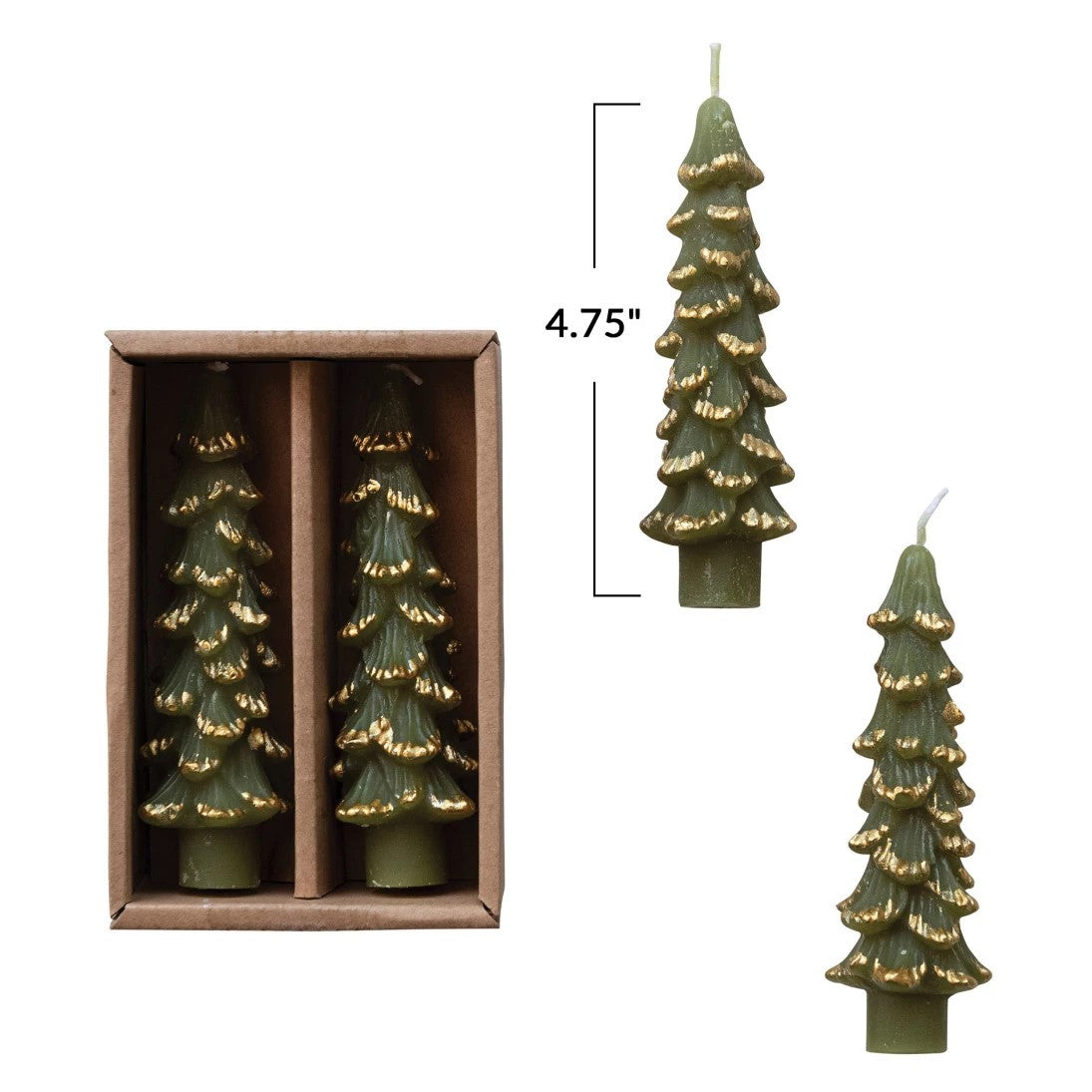 Tree Shaped Taper Candles, Set of 2 (Evergreen with Gold Tips)