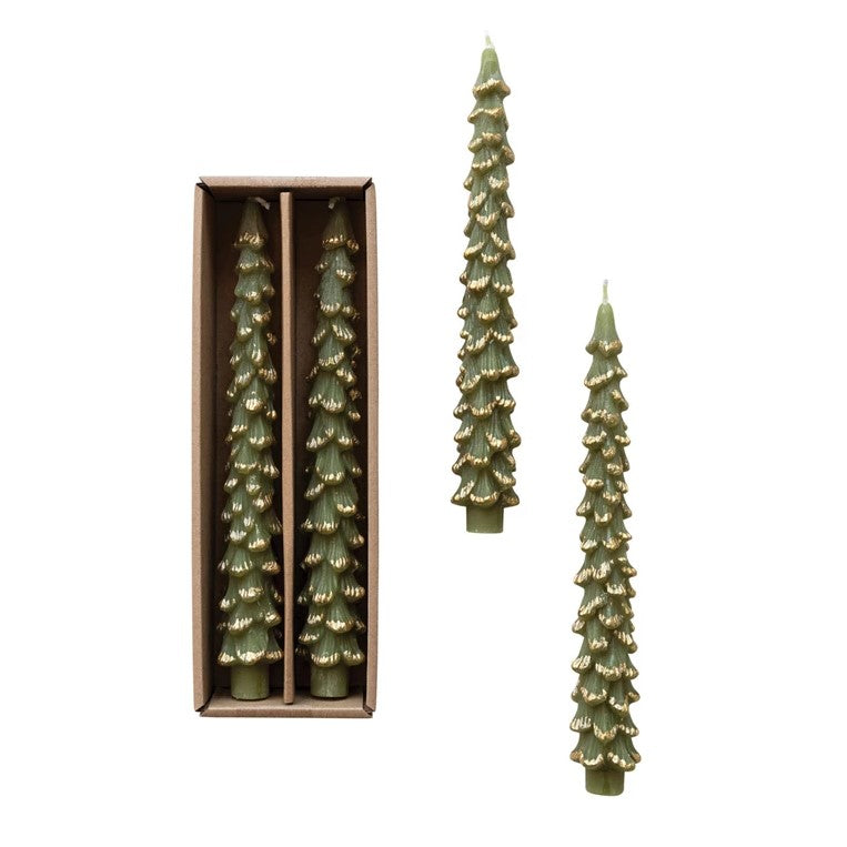 Pine Tree Shaped Taper Candles, Set of 2 (Evergreen with Gold Tips)