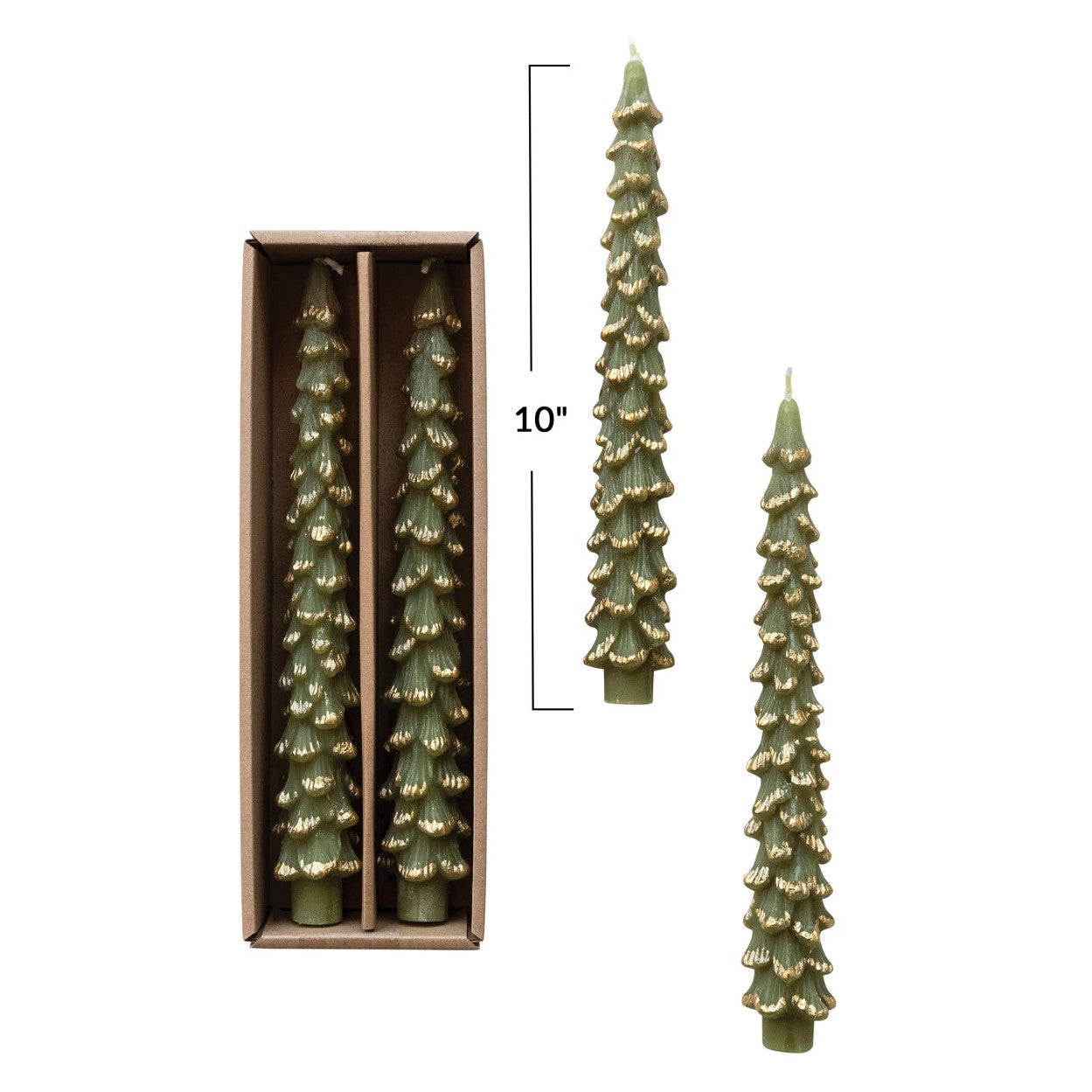 Pine Tree Shaped Taper Candles, Set of 2 (Evergreen with Gold Tips)