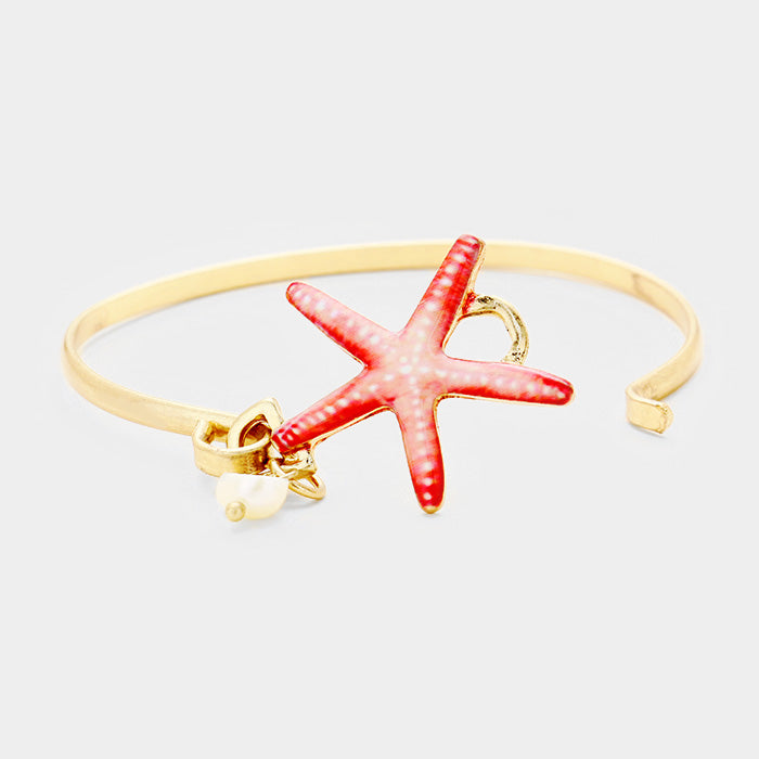 Watercolor Starfish Freshwater Pearl Charm Hook Bracelet