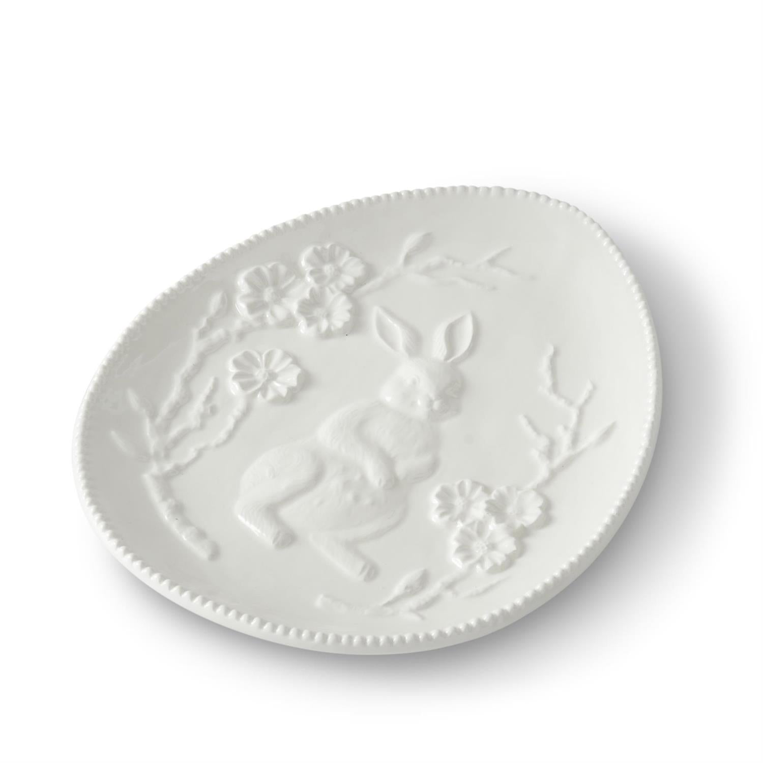White Ceramic Easter Bunny Rabbit Embossed Egg Plate