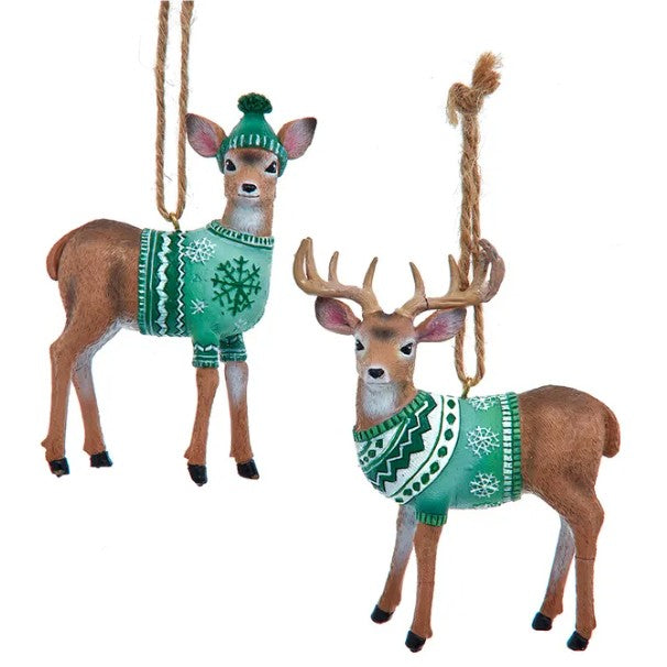 Reindeer with Green Sweater Christmas Tree Ornament (Set of 2)