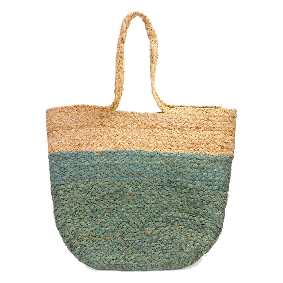 Woven Colorblock Beach Tote Bag (Natural, Green)