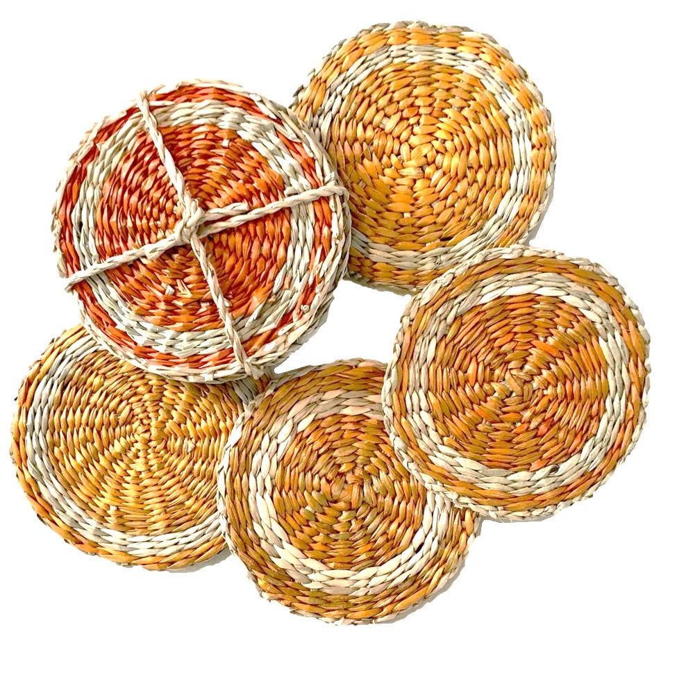 Round Hand-Woven Seagrass Coasters, Orange &amp; Natural, Set of 4