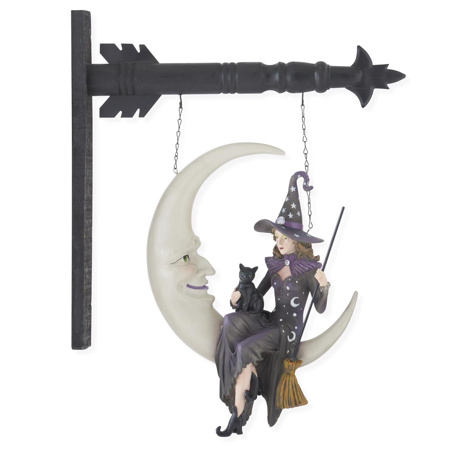 Crescent Moon with Sitting Witch & Black Cat Hanging Arrow Replacement Sign