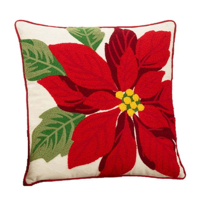 Crewel Embroidered Poinsettia Throw Pillow