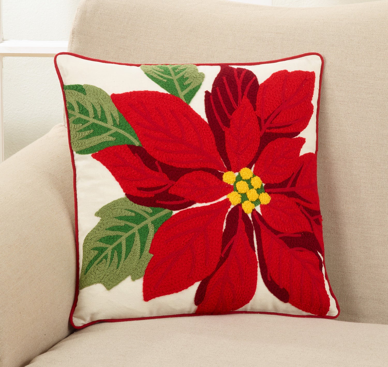 Crewel Embroidered Poinsettia Throw Pillow