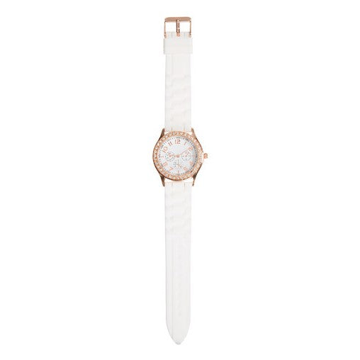 White & Rose Gold Silicone Watch with Rhinestone Studded Lug